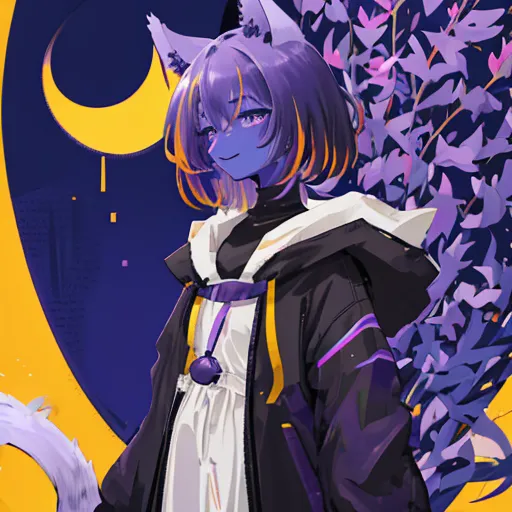 The image is a portrait of a young woman with cat ears and a tail. She has purple hair and blue eyes, and is wearing a black hoodie with a white dress underneath. The background is a dark blue night sky with a crescent moon.