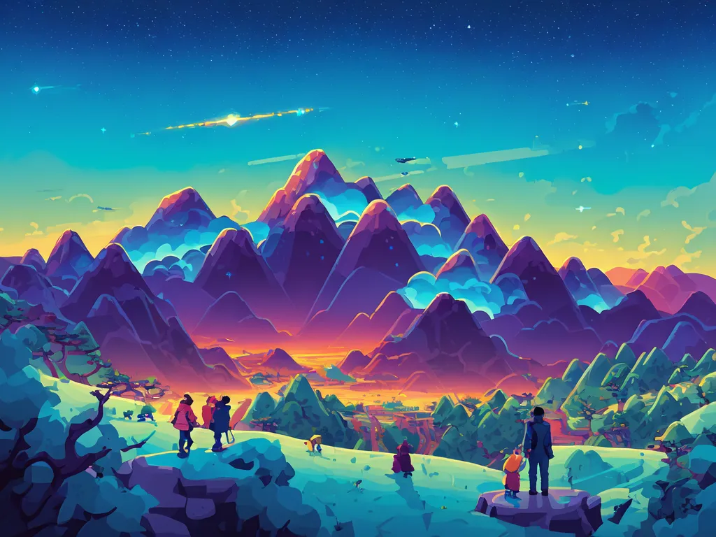 The image is of a colorful mountain landscape. The mountains are in the background and are covered in snow. The sky is a gradient of blue and purple. There are two people in the foreground looking at the mountains. There are also some trees and bushes in the foreground. The image has a painterly style and is very saturated.