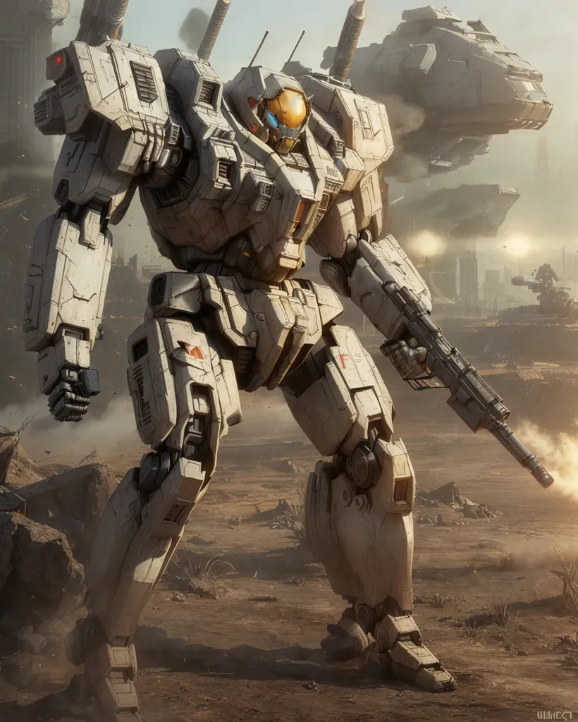 A imagem mostra um grande mech branco em pé em um campo rochoso. O mech está armado com uma arma e está cercado por fumaça e destroços. No fundo, há vários outros mechs e veículos envolvidos em batalha. A imagem é escura e tem uma forte sensação de atmosfera.