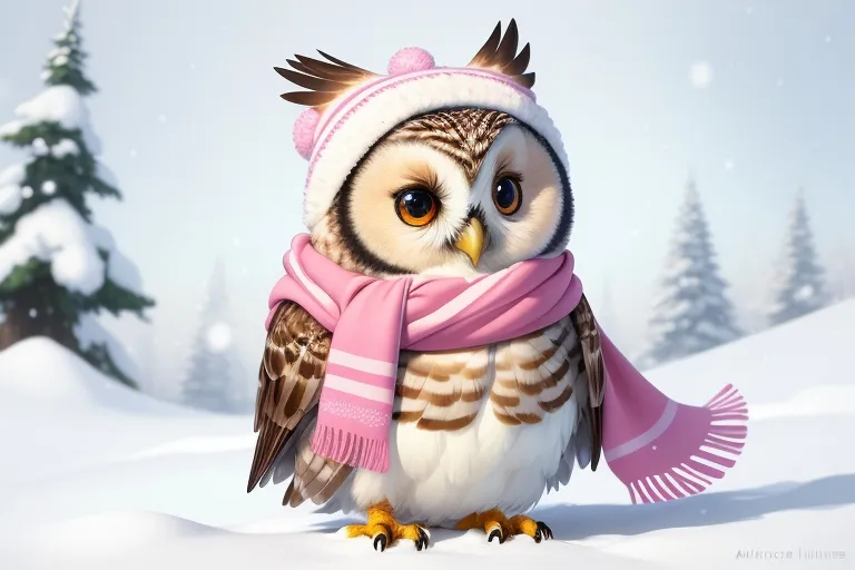 The image is of an owl wearing a pink and white striped scarf and a pink hat with a white pom pom. The owl is standing in a snowy forest, and there are snow-covered trees in the background. The owl is looking at the viewer with its head cocked to one side.