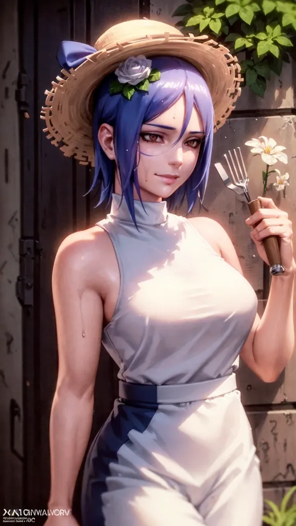 This is an image of a beautiful woman with blue hair and purple eyes. She is wearing a white dress and a straw hat with a white flower on it. She is holding a fork in her right hand and there is a flower in her left hand. She is standing in front of a wooden door with a plant growing on it.