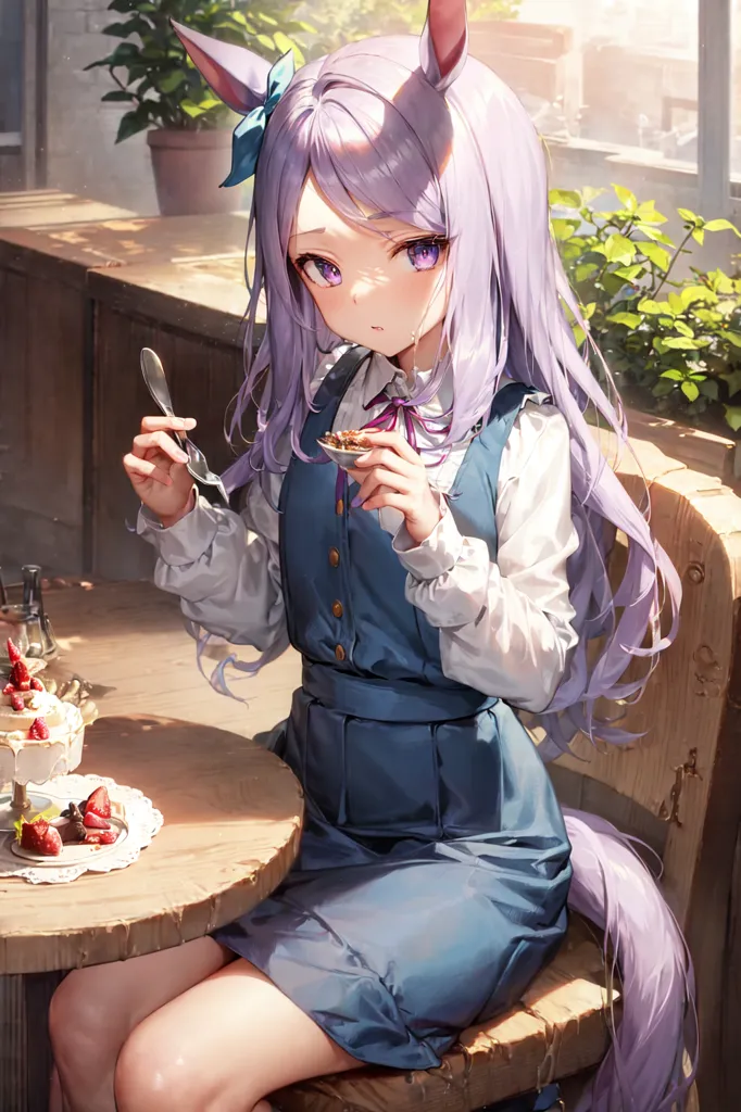 この画像は、紫色の髪と猫の耳を持つアニメスタイルの女の子が描かれています。彼女はカフェに座って、パフェを食べています。女の子は青いジャンパースカートに白いブラウスを着ており、髪には青いリボンがついています。手には銀のスプーンを持っています。背景はぼやけた緑の植物と日光になっています。