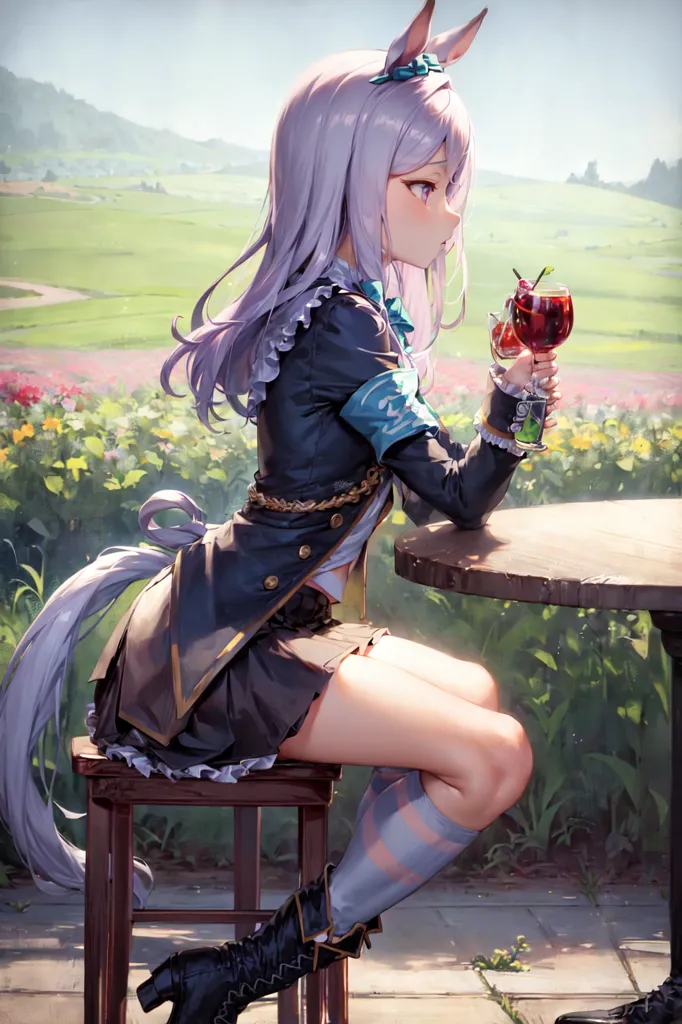 The image is of an anime girl with long silver hair and purple eyes. She is wearing a black and white sailor-style outfit with a pleated skirt and a long black tie. She is also wearing black boots and a white hat. She is sitting on a stool at a table in an outdoor courtyard. There is a glass of red wine on the table. The girl is looking at the wine glass in her hand . There are flowers and plants in the background. The sky is blue and there are clouds in the distance.