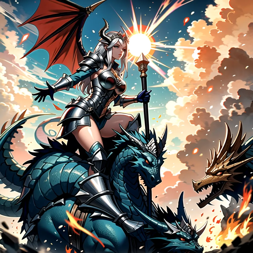 This is an image of a woman riding a blue-green dragon. The woman is wearing silver armor and has long white hair. She is holding a long white staff in her right hand. The dragon has red wings and is breathing fire on another dragon. The background is a sky with clouds and a bright light in the center.