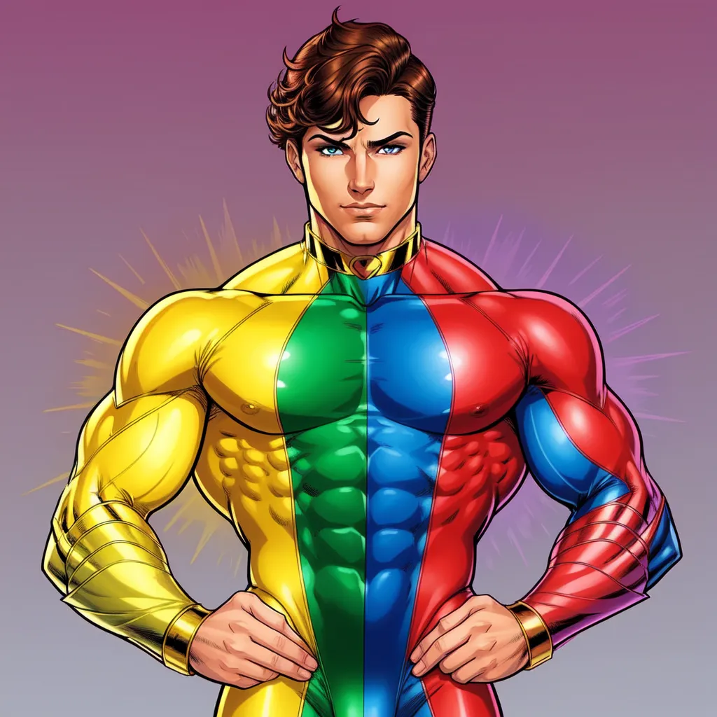 This is an illustration of a superhero. He is muscular and has short brown hair. He is wearing a yellow, blue, and red suit. The suit has a high collar and a belt. He is also wearing gold bracelets and boots. He has his hands on his hips and is looking at the viewer with a confident expression.