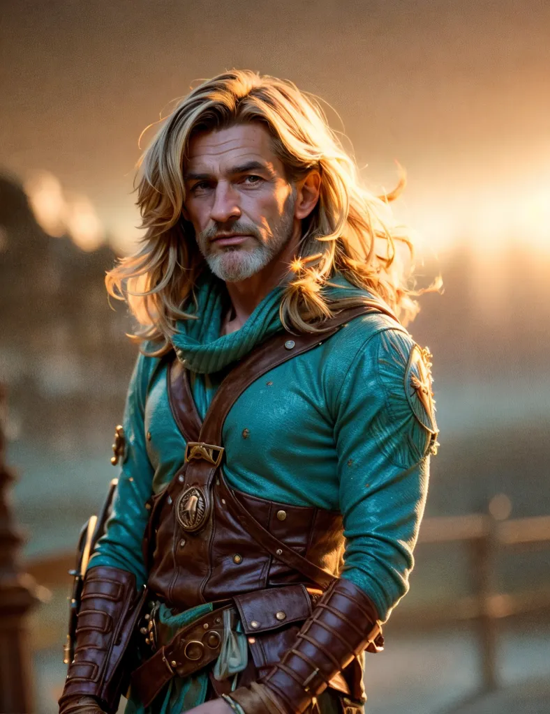 This is a picture of a man with long blond hair and a beard. He is wearing a green shirt and a brown leather vest. He has a sword on his hip and a dagger in his boot. He is standing in a forest and looks like he is ready for battle.