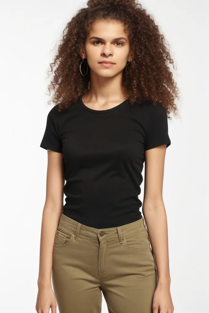 A young woman with long brown hair is wearing a black t-shirt and khaki pants. She is looking at the camera with a serious expression.