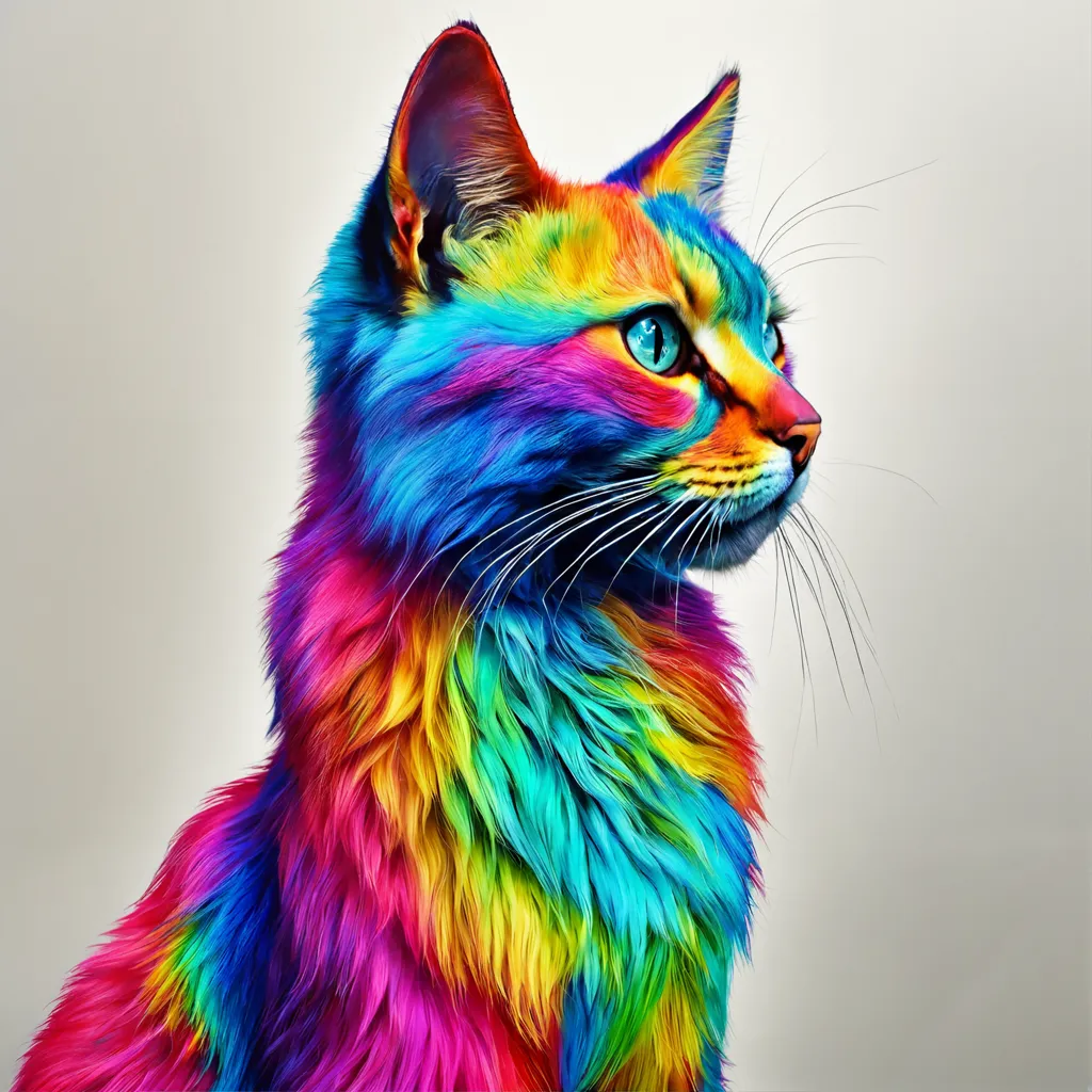 This is a digital painting of a cat. The cat is facing to the right of the viewer. The cat's fur is rainbow-colored, with bright blues, greens, yellows, oranges, and purples. The cat has blue eyes and a pink nose. The cat's fur is long and fluffy, and it looks very soft. The background is a light gray color. The painting is done in a realistic style, and the cat looks very lifelike.