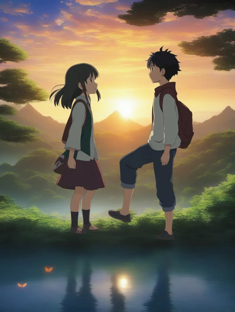 This is an image of two anime characters standing on a cliff, looking at each other. The boy has his foot on a rock, and the girl is standing on the ground. There are mountains in the background, and the sun is setting. The sky looks orange and the trees are green. The boy is wearing a blue shirt and jeans, and the girl is wearing a white shirt and a pleated skirt. They both have backpacks on.