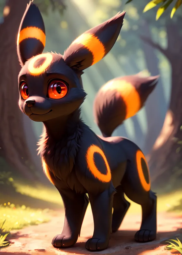 The image shows a Pokémon character. It is a quadrupedal creature with black fur and orange markings. It has large, round eyes and a small, triangular nose. Its ears are long and pointed, and its tail is long and bushy. The creature is standing in a forest, and there are trees and leaves in the background