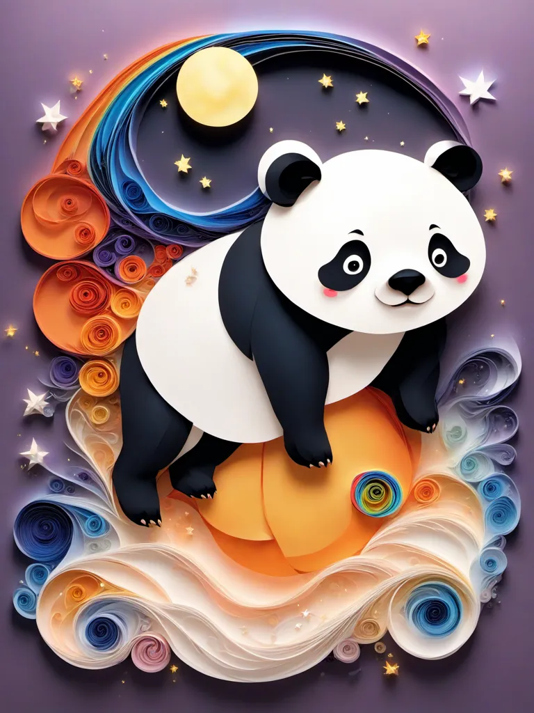 The image is a cartoon panda bear. It is black and white with a round face and big ears. It is sitting on a crescent moon, with one paw on the moon and the other paw resting on its belly. The panda is looking at the viewer with a curious expression. The background is a starry night sky with a rainbow. The panda is made out of paper quilling.