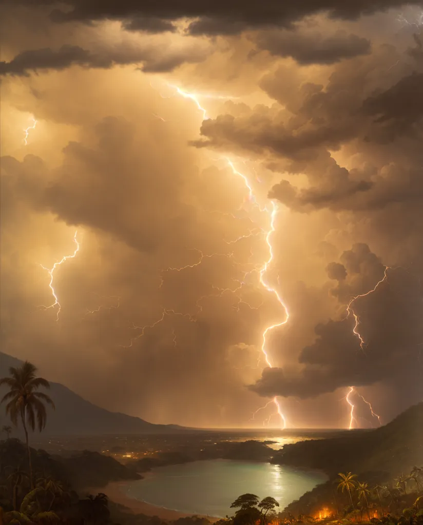 The image is a night scene of a tropical storm. The sky is dark and cloudy, with lightning flashing in the distance. The storm is dumping rain on the palm trees and the water. The waves are crashing against the shore. The scene is illuminated by the lightning flashes.