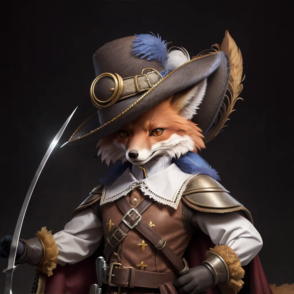 The image shows a red fox wearing a brown hat with a blue feather and a white shirt with a brown vest. The fox is also wearing a brown belt with a gold buckle and a brown cape. The fox has a sword in its right hand and is looking at the viewer with a determined expression. The background is dark brown.