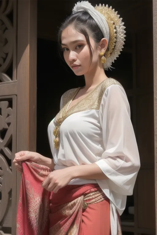 The image shows a young woman wearing a traditional Thai outfit. She is wearing a white blouse with a V-neck and gold embroidery. The blouse has long sleeves and is slightly fitted. She is also wearing a red and gold patterned skirt that is wrapped around her waist. The skirt is long and reaches to her feet. She is wearing a gold belt around her waist. She is also wearing a traditional Thai headdress with a gold crown and a white veil. She is also wearing gold earrings and a gold necklace. She is standing in front of a wooden door with intricate carvings.