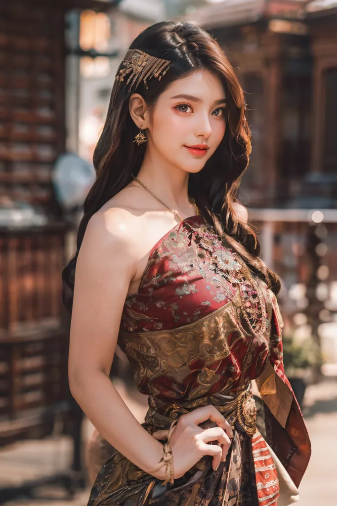 The image shows a young woman wearing a traditional Thai dress. The dress is red and gold, with a floral pattern. The woman has long, dark hair and is wearing a traditional Thai headdress. She is also wearing a necklace and earrings. The woman is standing in a traditional Thai house. The background is blurred, but it looks like there are plants and trees in the background. The woman is looking at the camera and smiling.