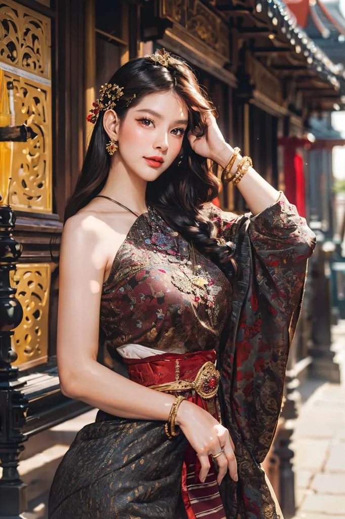 The photo shows a young woman in a traditional Thai dress. She is wearing a halter top with a long, flowing skirt. The top is made of a dark brown fabric with gold and silver accents. The skirt is made of a lighter brown fabric with a floral pattern. She is also wearing a sash around her waist and a number of bracelets on her arms. Her hair is long and black, and she is wearing a traditional Thai headdress. She is standing in front of a wooden door with intricate carvings.