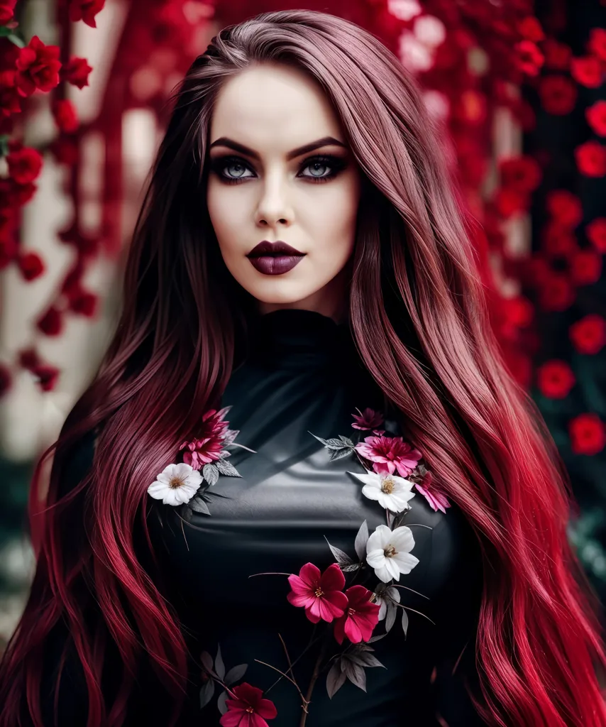 This image shows a woman with very long, flowing red hair. Her eyes are dark and her lips are a deep red. She is wearing a black dress with red and white flowers on it. The background is a blur of red roses.