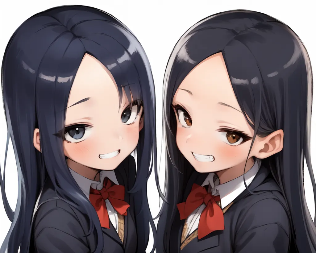 The image shows two anime girls with black hair and brown eyes. They are both wearing white shirts with red bow ties and black blazers. The girl on the left has a slightly smug expression on her face, while the girl on the right has a more cheerful expression. They both have long black hair that is tied back in twintails.