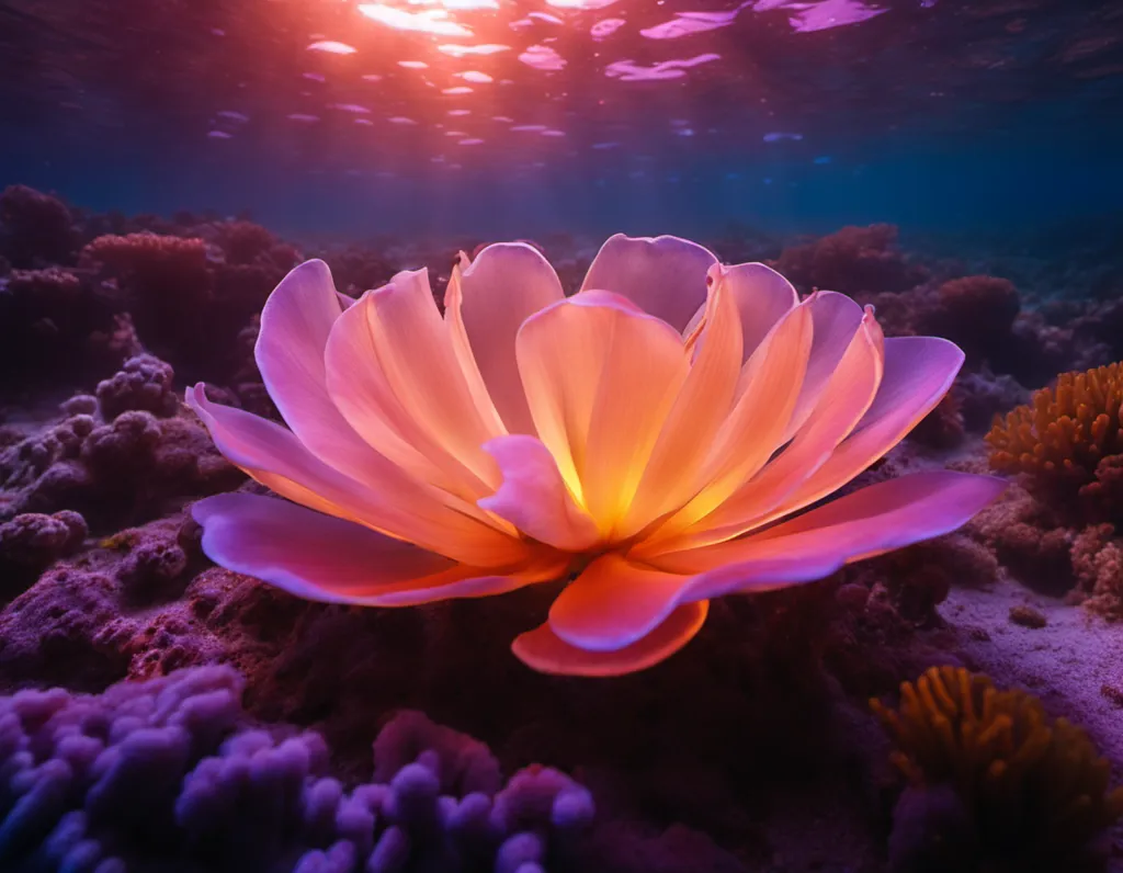 The image is a beautiful underwater scene. A large, glowing flower is the centerpiece. The flower is pink and yellow, with delicate petals. It is surrounded by colorful coral reefs. The water is a deep blue, and the sun is shining brightly, casting rays of light through the water. The scene is peaceful and serene.