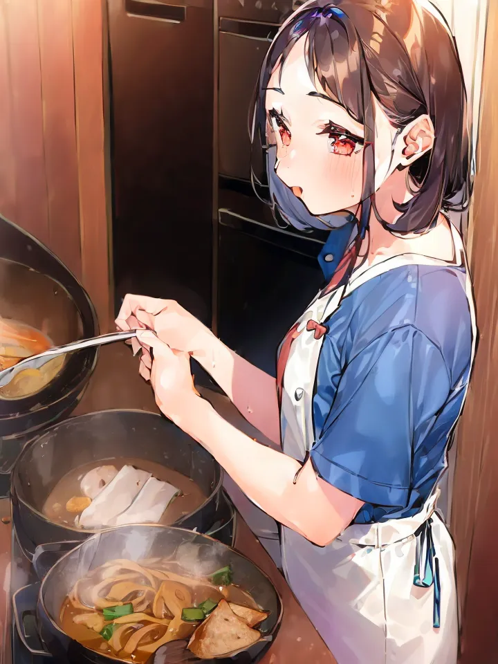 The image shows a young woman in a blue apron and white shirt cooking in a kitchen. She has brown hair and red eyes. She is stirring a pot of food with a large spoon. There are two other pots on the stove, one with food and one empty.