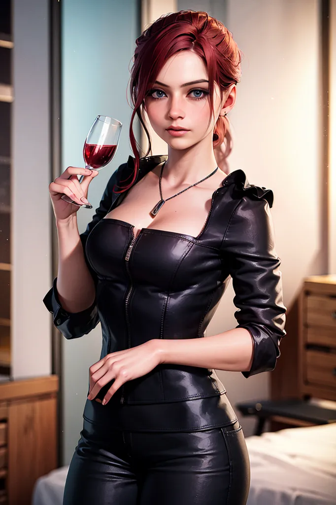 This is an image of a beautiful woman with red hair and blue eyes. She is wearing a black leather outfit and holding a glass of red wine. She is standing in front of a wooden bookcase.