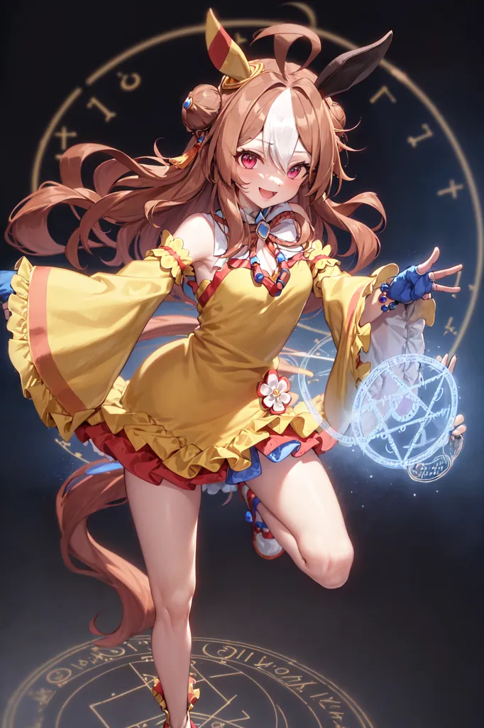 The image is an anime-style drawing of a girl with long brown hair and red eyes. She is wearing a yellow and white dress with a red and white striped underskirt. She is also wearing a brown belt with a yellow buckle and brown boots. She has a yellow and white hat with a red ribbon on it. She is standing in a circle of magical symbols and has her right hand outstretched with a magic symbol in her palm.