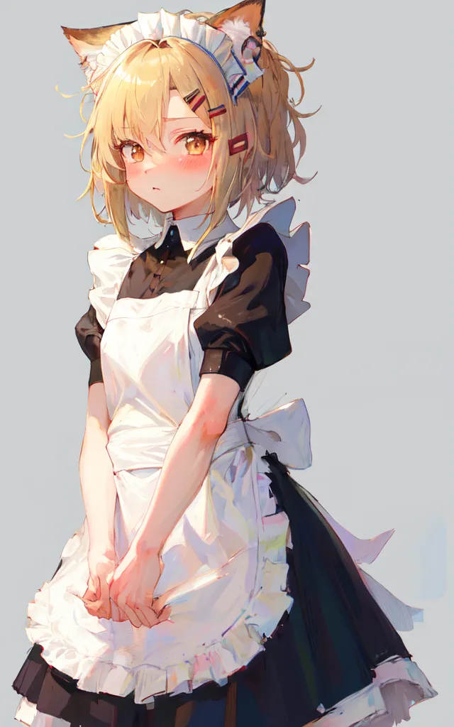 The image is of a young woman with long blonde hair and cat ears. She is wearing a black and white maid outfit with a frilly white apron. She is looking at the viewer with a shy expression on her face. Her cheeks are slightly flushed, and her eyes are downcast. She is standing with her hands clasped in front of her. The background is a light gray color.