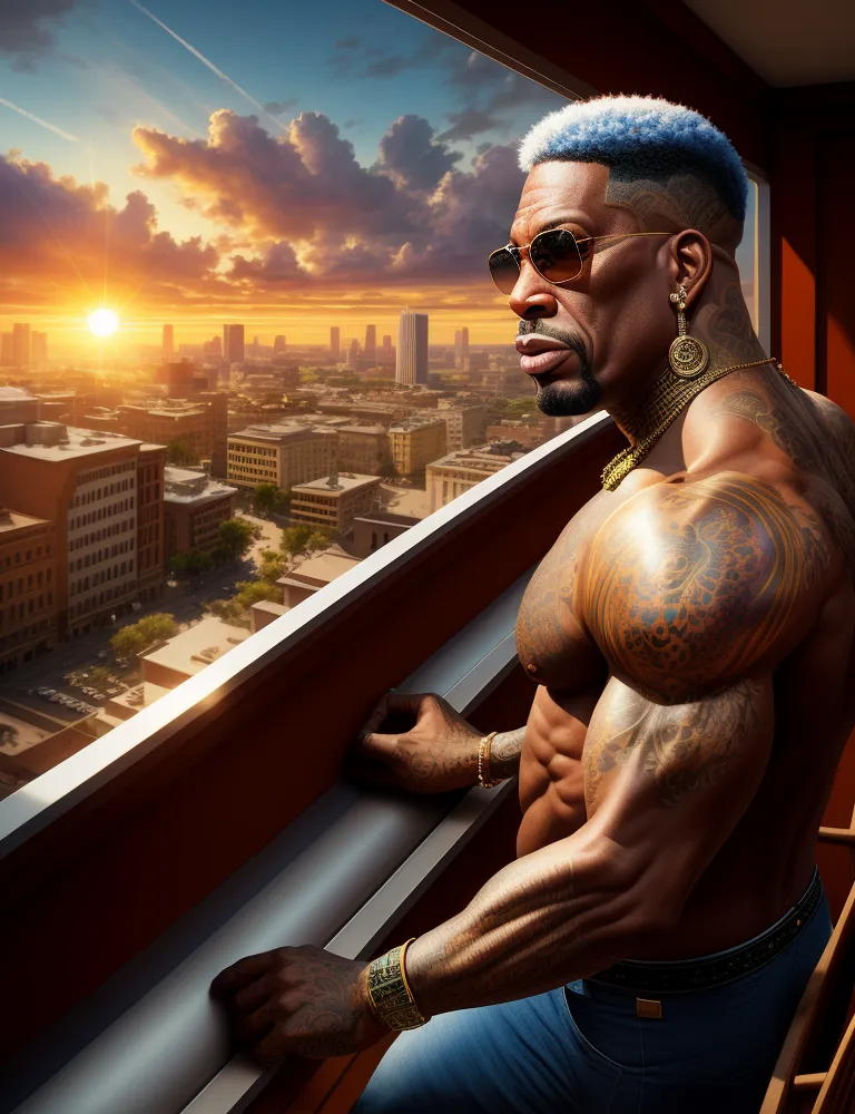 Un hombre afroamericano musculoso con tatuajes en los brazos y el pecho está de pie frente a una ventana. Lleva gafas de sol y una cadena de oro alrededor del cuello. La ventana muestra un paisaje urbano con el sol poniéndose en el fondo. El hombre tiene la mano apoyada en la barandilla del balcón y está mirando al exterior.