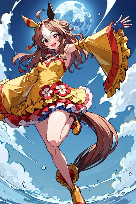 This is an image of a young woman with long brown hair and brown eyes. She is wearing a yellow dress with a red and white striped skirt. She is also wearing a pair of yellow boots. She is standing on a crescent moon, and there are clouds and a full moon in the background. She is smiling and has her arms outstretched.