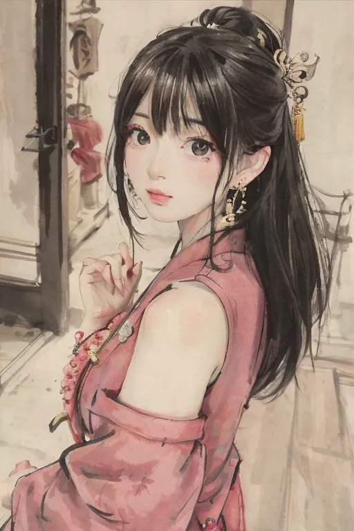 The image is a painting of a young woman in a pink dress. She has long black hair and bangs, and her eyes are slightly smiling. She is wearing a traditional Chinese dress with a white collar and a pink skirt. The background is a blur of light and dark colors.