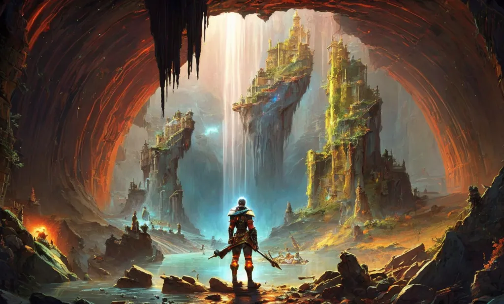 The image is a fantasy landscape. In the foreground, there is a warrior standing on a rocky beach. He is looking out at a large body of water. In the middle of the water, there is a series of waterfalls. The waterfalls are coming from a large, floating island. The island is covered in greenery and there are several buildings on it. In the background, there is a large cave. The cave is filled with mist.