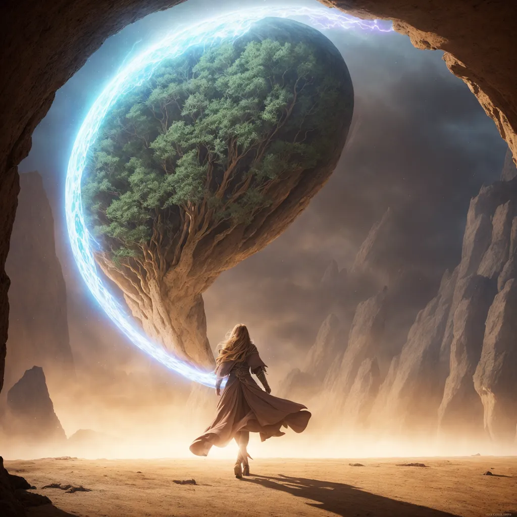 This is an image of a woman in a brown cloak walking through a desert toward a large, glowing, tear-shaped stone that is covered in trees and has a blue energy field around it. The stone is hovering in the air in front of a large cave opening. The woman is holding the energy field with one hand. She has long blond hair and is wearing a brown cloak. The desert is very sandy and there are large rock formations in the background.