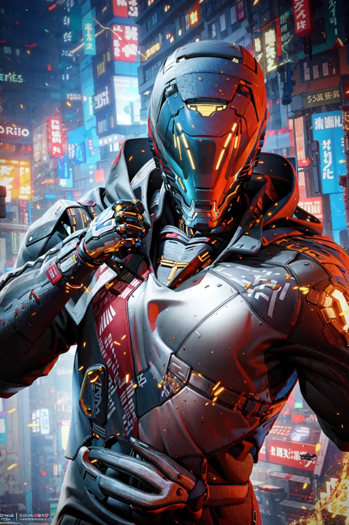 The image shows a man wearing a futuristic suit of armor. The armor is black and gray with red and blue highlights. The man is standing in a city at night. The city is full of neon lights and skyscrapers. The man is looking at the camera with his fist raised. There are sparks flying around his fist. The image is very detailed and realistic.