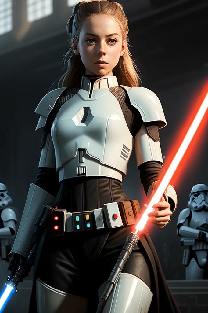 Uma jovem mulher com cabelos loiros e olhos azuis está de pé em uma sala escura. Ela está usando um macacão branco e preto, e um sabre de luz vermelho está aceso em sua mão direita. Há dois stormtroopers de pé no fundo.