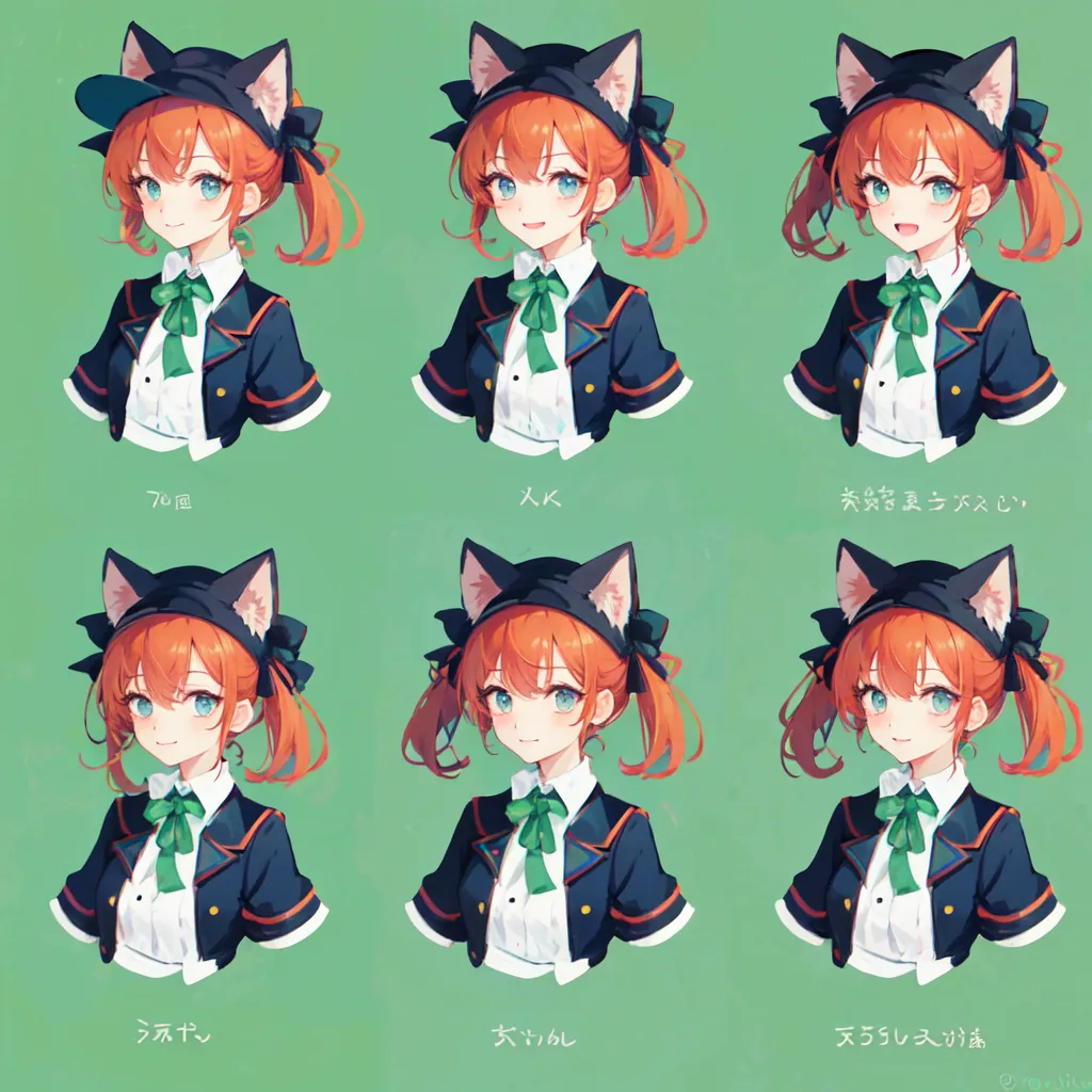 L'image montre une fille aux cheveux orange et aux oreilles de chat portant un chapeau noir et un uniforme vert et blanc. Elle a différentes expressions sur son visage dans chacun des six panneaux. Dans le premier panneau, elle sourit. Dans le deuxième panneau, elle cligne de l'œil. Dans le troisième panneau, elle tire la langue. Dans le quatrième panneau, elle a l'air triste. Dans le cinquième panneau, elle a l'air surprise. Dans le sixième panneau, elle a l'air en colère.