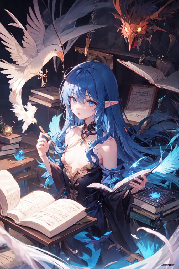 The picture shows a beautiful elf girl with long blue hair and blue eyes. She is wearing a black and gold dress with a feather necklace. She is sitting in a library, surrounded by books and scrolls. There is a quill in her hand and she seems to be reading a book. There is a white bird perched on her shoulder and a phoenix behind her. The girl is looking at the viewer with a gentle smile on her face.