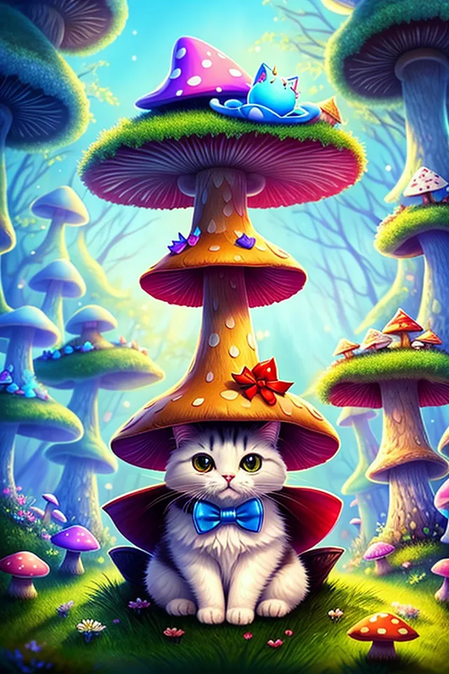 Il y a un chat portant un nœud papillon rouge et un chapeau de champignon jaune avec un ruban rouge. Le chat est assis devant un gros champignon à chapeau rose. Il y a une créature bleue avec un ventre jaune et un chapeau de champignon bleu assise sur le champignon rose. Il y a de nombreux autres champignons en arrière-plan de l'image. Les champignons sont de diverses couleurs, notamment bleu, vert, orange, violet et rose. Il y a aussi un petit lapin blanc assis sur le champignon rose près du chat.