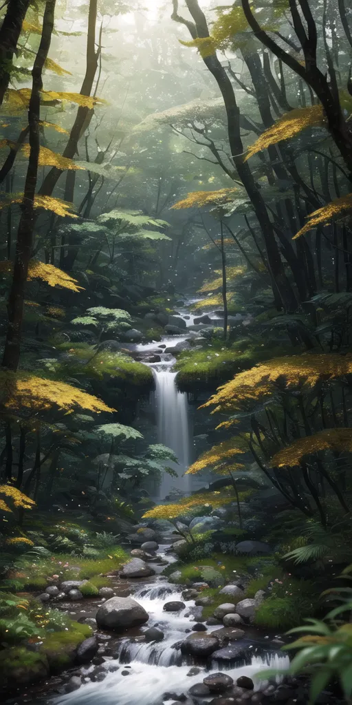 A imagem é uma bela paisagem de uma floresta com uma cachoeira. A floresta está cheia de árvores altas com folhas verdes e amarelas. A cachoeira está no meio da floresta e está cercada por rochas e musgo. A água é cristalina e parece muito refrescante. A floresta está cheia de neblina e parece muito misteriosa.