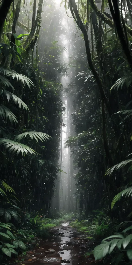 Gambar ini adalah persegi panjang vertikal yang tinggi dan sempit. Ini adalah foto dari sebuah jalan di dalam hutan. Jalan tersebut berada di bagian depan, terbuat dari tanah dan basah karena hujan. Di kedua sisi jalan terdapat hutan yang lebat. Pohon-pohonnya tinggi dan memiliki daun hijau yang besar. Daunnya begitu rapat sehingga menghalangi sinar matahari, dan suasana di dalam hutan menjadi gelap dan suram. Satu-satunya cahaya berasal dari beberapa sinar matahari kecil yang menembus pepohonan. Gambar ini sangat realistis, dan seolah-olah Anda benar-benar berada di dalam hutan.