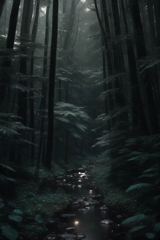 The image is a dark and moody forest. The trees are tall and the branches are thick, creating a dense canopy that blocks out the sun. The ground is covered in a thick layer of leaves and moss. There is a small stream running through the forest, and the sound of the water is the only thing that can be heard. The forest is full of mystery and danger, and it is easy to imagine that there are all sorts of creatures lurking in the shadows.