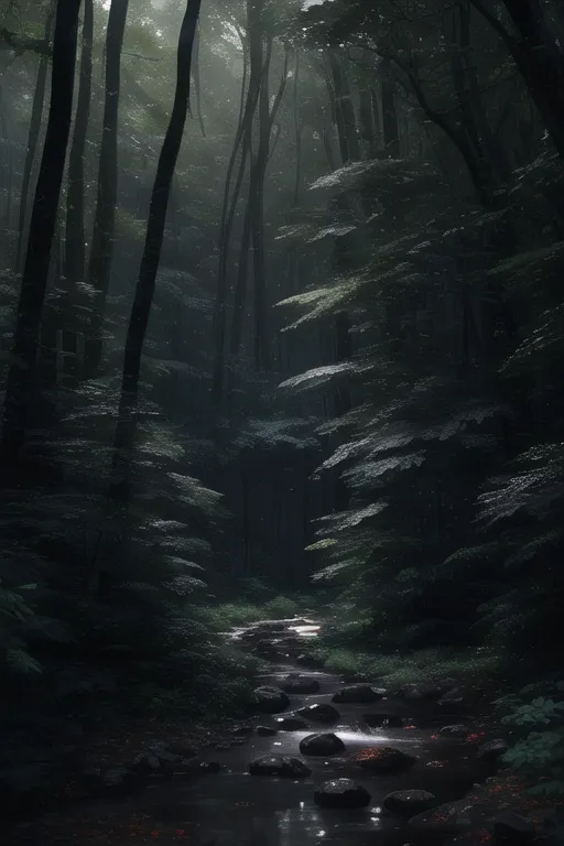 The image is a dark and moody forest. The trees are tall and the branches are thick, creating a dense canopy that blocks out the sun. The ground is covered in a thick layer of leaves and moss. A small stream runs through the middle of the forest, and the sound of the water is the only thing that can be heard. The forest is full of mystery and danger, and it is easy to imagine that there are all sorts of creatures lurking in the shadows.