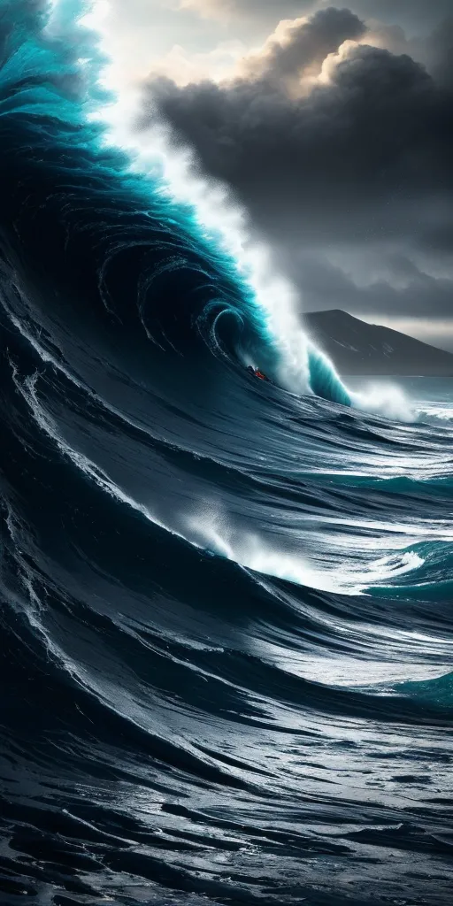 The image is a painting of a big wave. It is a very dark image, the wave is dark blue and the sky is black. The wave is crashing over a surfer. The surfer is in the middle of the wave and is barely visible. The wave is very powerful and looks like it is about to crash over the surfer. The image is very dramatic and captures the power of the ocean.