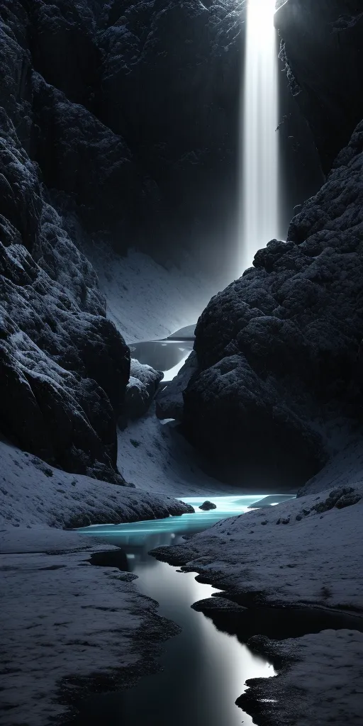 這幅圖像是一個陰暗而神祕的風景。一條狹窄的峽谷由兩座高聳的岩石峭壁形成。峭壁覆蓋着白雪。在峽谷的盡頭,有一處瀑布。水流呈明亮的藍色,從很高的地方墜落下來。瀑布產生的水霧充滿了整個峽谷。圖像中唯一的光源來自於瀑布。這營造出一個戲劇性和神祕的場景。