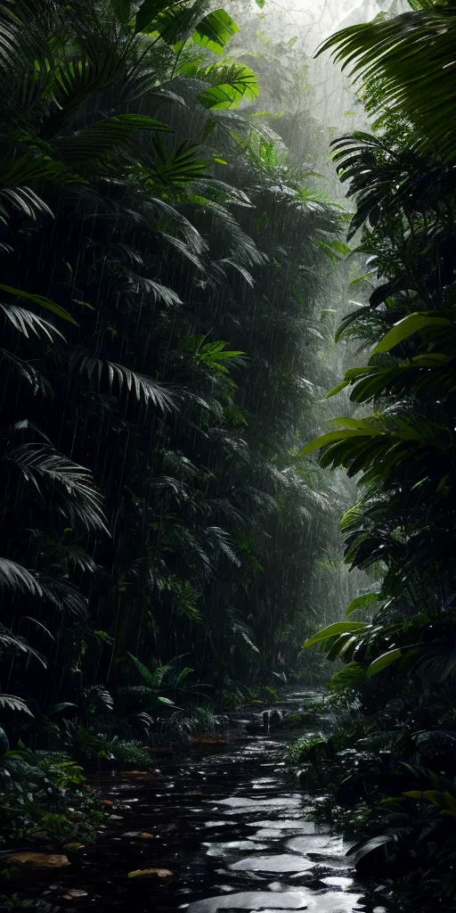 The image is a tall, narrow, vertical rectangle. It is a photo of a rainforest. The rainforest is very dense and green. The trees are tall and the leaves are large and lush. The ground is covered in plants and vines. There is a river running through the middle of the rainforest. The water is clear and there are rocks in the river. The sky is overcast and it is raining. The rain is coming down in sheets. The rainforest is very beautiful, but it is also very dangerous. There are many animals that live in the rainforest that can kill you. There are also many plants that can poison you. If you are not careful, you can easily get lost in the rainforest.