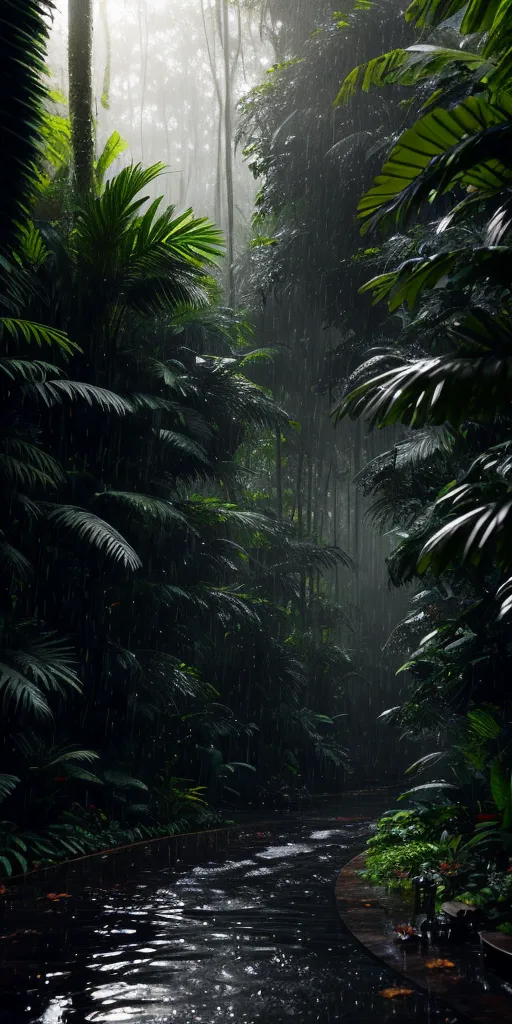 この画像は、高く細長い縦長の長方形です。熱帯雨林の写真です。熱帯雨林はとても密集しており、緑が濃い色です。木々は高く、葉は大きく茂っています。地面は植物に覆われています。中央を川が流れています。川は幅広く、流れも緩やかです。水は透明で緑色をしています。背景には小さな滝が見えますが、木々に隠れています。熱帯雨林は非常に静かで平和的です。唯一聞こえるのは川の流れる音だけです。