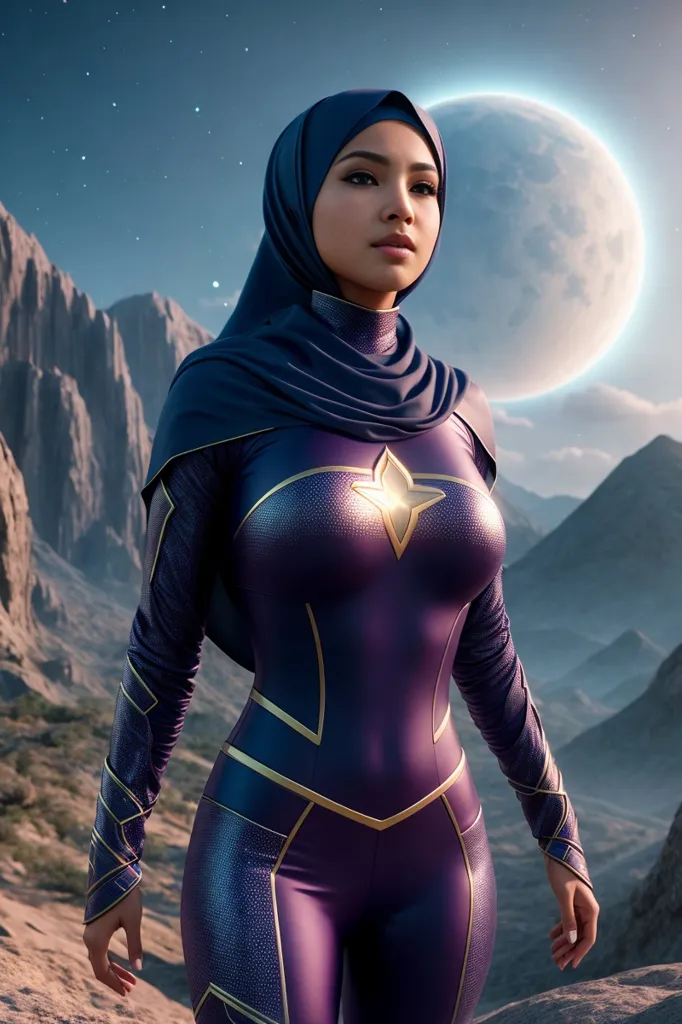 Esta é uma imagem de uma super-heroína. Ela está usando um traje justo de cor roxa e azul com uma estrela dourada no peito. Ela também está usando um hijab azul. Ela está em pé diante de uma paisagem montanhosa com uma lua grande ao fundo.