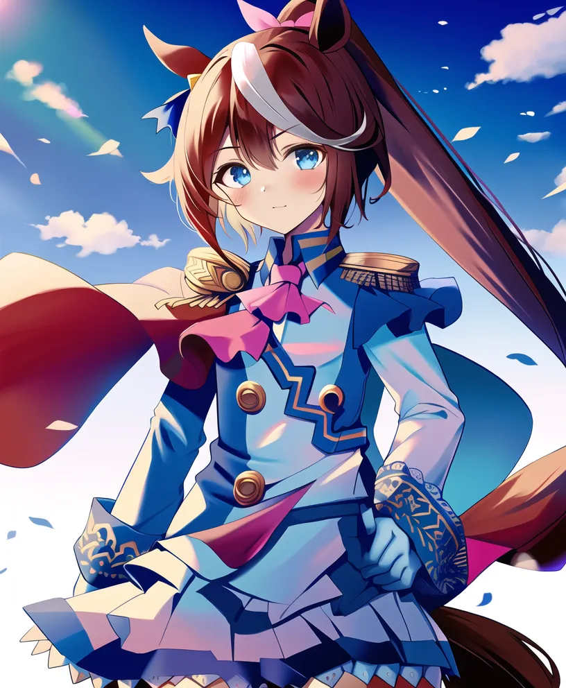 The image is of a young girl with brown hair and blue eyes. She is wearing a blue military-style outfit with a pink bow and a white cape. She has a determined expression on her face and is standing in a confident pose. The background is a blue sky with white clouds.