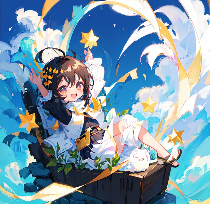 An anime-style illustration of a girl with brown hair and brown eyes. She is wearing a white dress with a black vest and a yellow flower in her hair. She is sitting on a wooden box in the clouds, holding a star in her right hand and a white rabbit in her left arm. There are also many stars floating around her. The background is a light blue sky with white clouds.