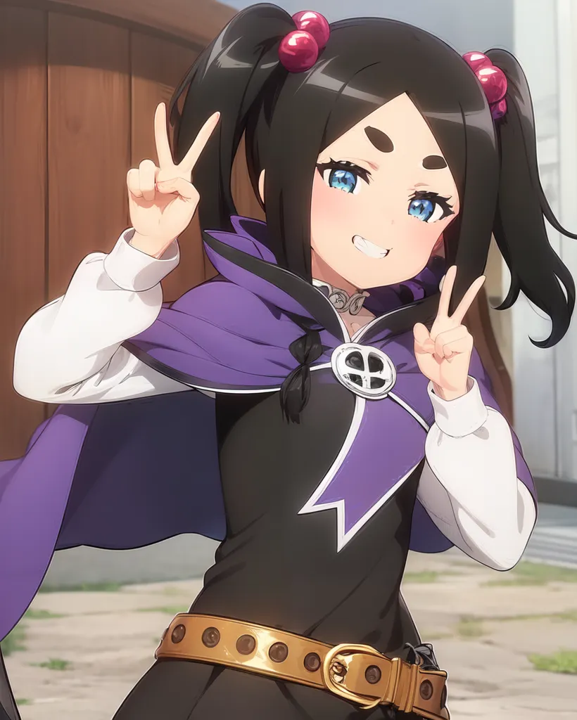 The image shows a young girl in an anime style. She has long black hair tied in twin ponytails with red and white hair ties. She is wearing a purple capelet with a white shirt and black vest underneath. She has a brown belt with a gold buckle and is making a peace sign with both hands. She has blue eyes and a happy expression on her face.