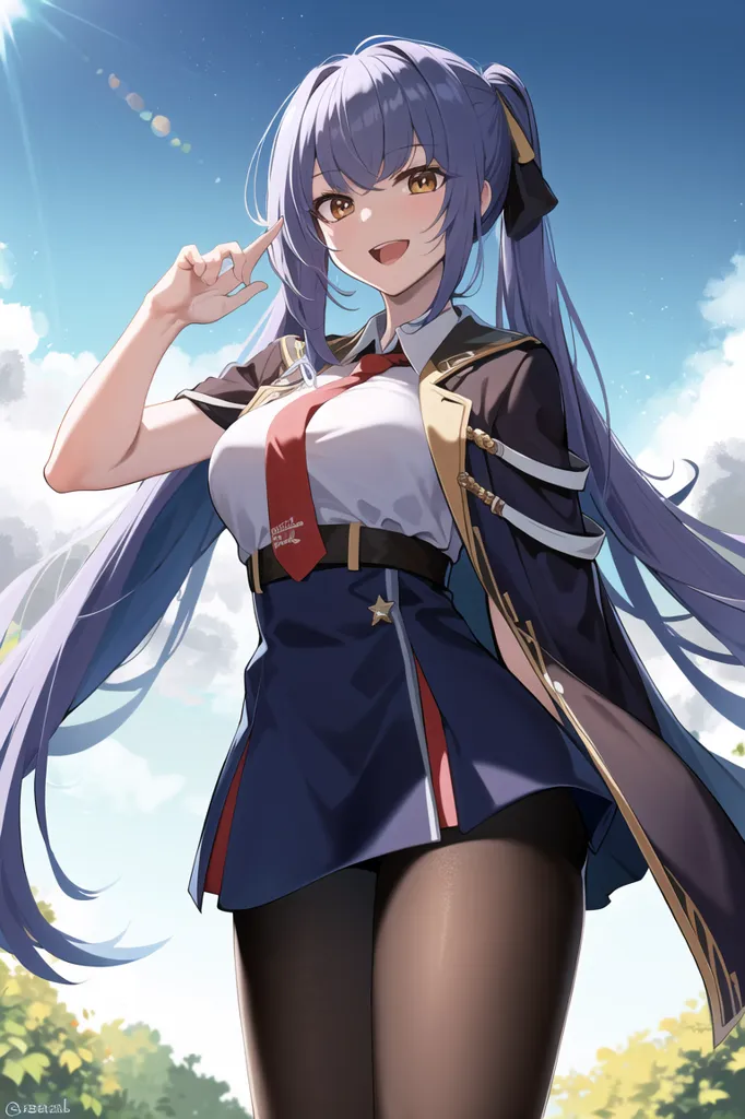 The image shows an anime-style girl with long purple hair and yellow eyes. She is wearing a white shirt, a blue skirt, and a red tie. She is also wearing black stockings and brown shoes. She is standing in a field of grass and there are trees and mountains in the background. The sky is blue and there are some clouds in the sky. The girl is smiling and has her finger pointing to her head.